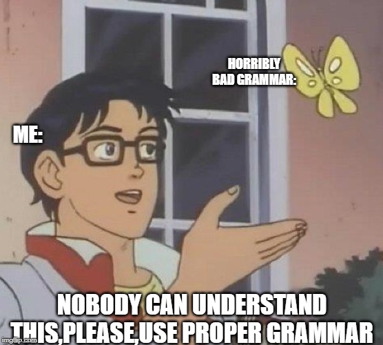 Is This A Pigeon Meme | HORRIBLY BAD GRAMMAR:; ME:; NOBODY CAN UNDERSTAND THIS,PLEASE,USE PROPER GRAMMAR | image tagged in memes,is this a pigeon | made w/ Imgflip meme maker