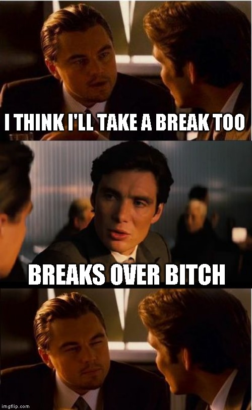 Not directed at anyone! Really just a joke ;) | I THINK I'LL TAKE A BREAK TOO; BREAKS OVER BITCH | image tagged in memes,inception | made w/ Imgflip meme maker
