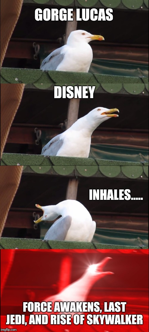 Inhaling Seagull | GORGE LUCAS; DISNEY; INHALES..... FORCE AWAKENS, LAST JEDI, AND RISE OF SKYWALKER | image tagged in memes,inhaling seagull | made w/ Imgflip meme maker