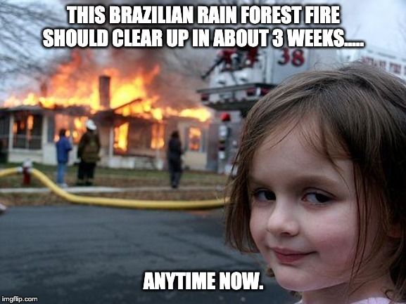 Disaster Girl Meme | THIS BRAZILIAN RAIN FOREST FIRE SHOULD CLEAR UP IN ABOUT 3 WEEKS..... ANYTIME NOW. | image tagged in memes,disaster girl | made w/ Imgflip meme maker
