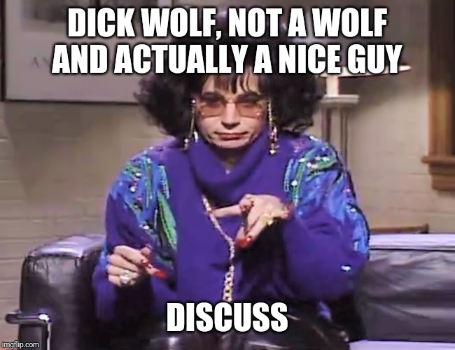 coffee talk | DICK WOLF, NOT A WOLF AND ACTUALLY A NICE GUY DISCUSS | image tagged in coffee talk | made w/ Imgflip meme maker