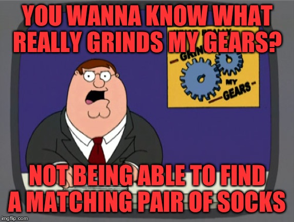 Peter Griffin News Meme | YOU WANNA KNOW WHAT REALLY GRINDS MY GEARS? NOT BEING ABLE TO FIND A MATCHING PAIR OF SOCKS | image tagged in memes,peter griffin news | made w/ Imgflip meme maker