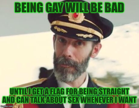 Captain Obvious | BEING GAY WILL BE BAD UNTIL I GET A FLAG FOR BEING STRAIGHT AND CAN TALK ABOUT SEX WHENEVER I WANT | image tagged in captain obvious | made w/ Imgflip meme maker