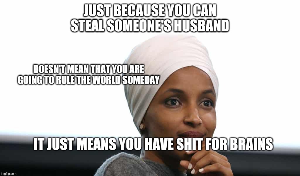 Ilan Omar Steele someone's husband | JUST BECAUSE YOU CAN STEAL SOMEONE'S HUSBAND; DOESN'T MEAN THAT YOU ARE GOING TO RULE THE WORLD SOMEDAY; IT JUST MEANS YOU HAVE SHIT FOR BRAINS | image tagged in ilan omar,omar,shit for brains | made w/ Imgflip meme maker