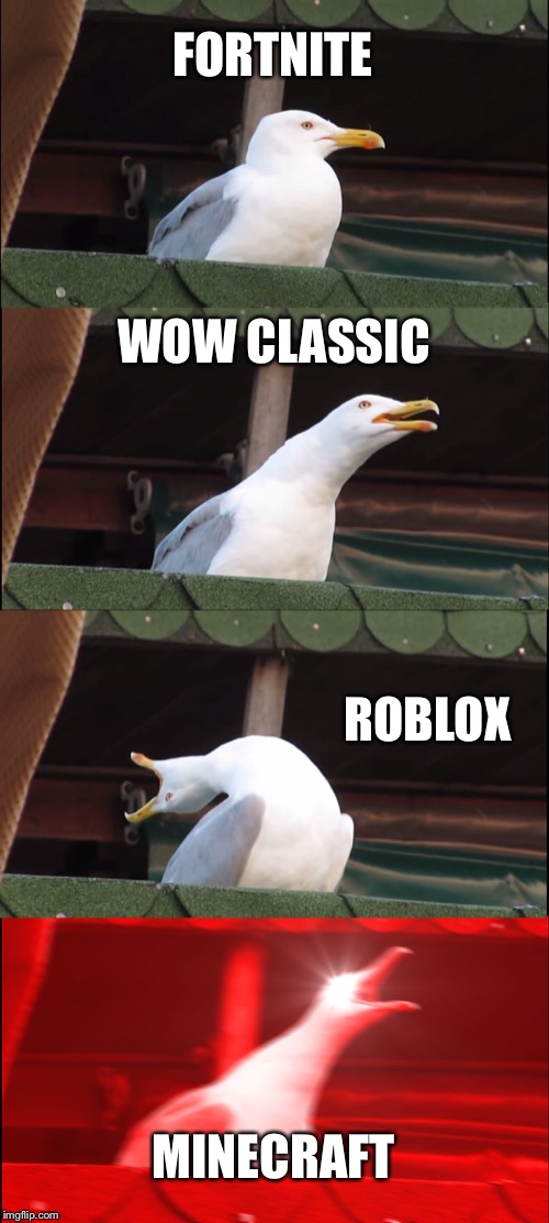 Video Games | FORTNITE; WOW CLASSIC; ROBLOX; MINECRAFT | image tagged in memes,inhaling seagull | made w/ Imgflip meme maker