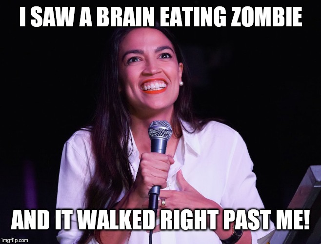 AOC Crazy | I SAW A BRAIN EATING ZOMBIE; AND IT WALKED RIGHT PAST ME! | image tagged in aoc crazy | made w/ Imgflip meme maker
