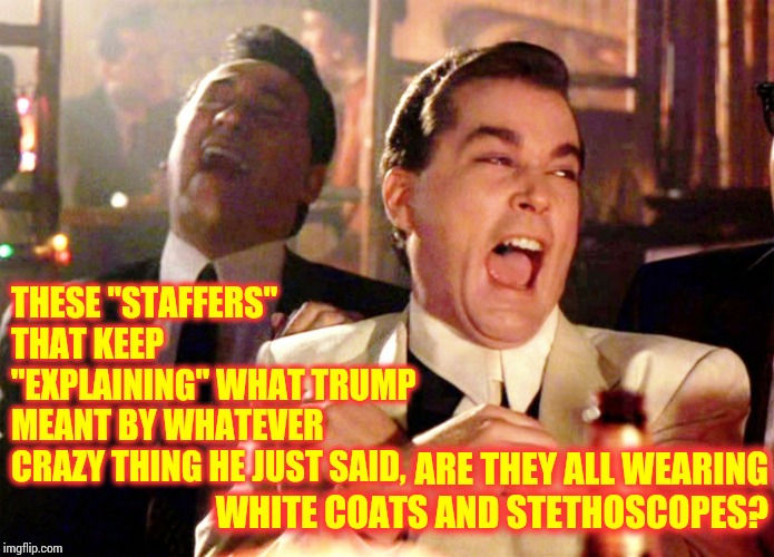 H i l a r i o u s | THESE "STAFFERS" THAT KEEP "EXPLAINING" WHAT TRUMP MEANT BY WHATEVER CRAZY THING HE JUST SAID, ARE THEY ALL WEARING WHITE COATS AND STETHOSCOPES? | image tagged in memes,good fellas hilarious,donald trump is an idiot,donald trump the clown,lock him up,scary | made w/ Imgflip meme maker