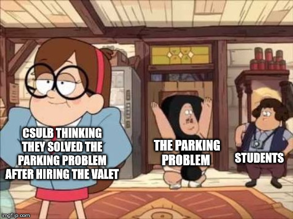 CSULB THINKING THEY SOLVED THE PARKING PROBLEM AFTER HIRING THE VALET; THE PARKING PROBLEM; STUDENTS | image tagged in CSULB | made w/ Imgflip meme maker