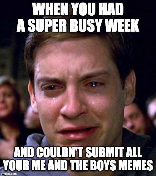 Still gonna submit them all. One can't just leave perfectly good memes sitting there unsubmitted, right? | WHEN YOU HAD A SUPER BUSY WEEK; AND COULDN'T SUBMIT ALL YOUR ME AND THE BOYS MEMES | image tagged in toby mcguire tears,me and the boys week | made w/ Imgflip meme maker