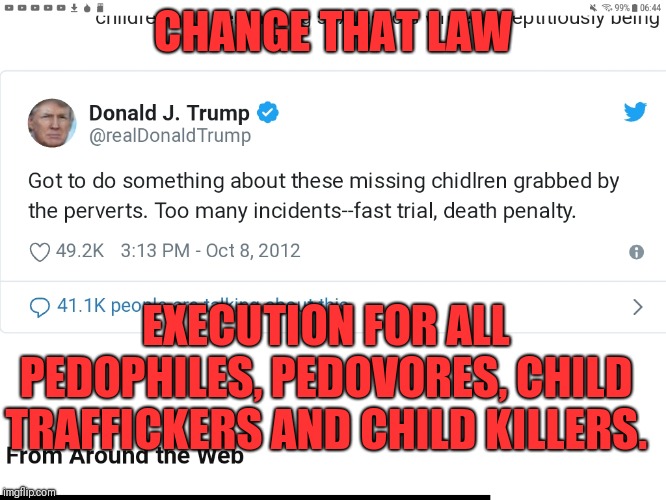 Execution for all child traffickers, pedophiles, pedovores, Adrenochrome harvesters, Adrenochrome  users and child sacrificers. | CHANGE THAT LAW; EXECUTION FOR ALL PEDOPHILES, PEDOVORES, CHILD TRAFFICKERS AND CHILD KILLERS. | image tagged in president trump called for the death penalty for pedophiles,pedovores,pedophiles,globalist child killing psychopaths,justice | made w/ Imgflip meme maker