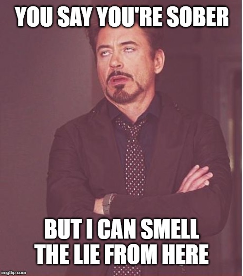 Face You Make Robert Downey Jr | YOU SAY YOU'RE SOBER; BUT I CAN SMELL THE LIE FROM HERE | image tagged in memes,face you make robert downey jr | made w/ Imgflip meme maker