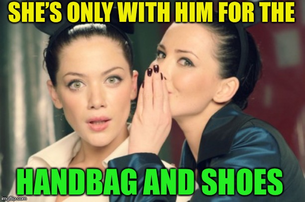 girls whisper | SHE’S ONLY WITH HIM FOR THE HANDBAG AND SHOES | image tagged in girls whisper | made w/ Imgflip meme maker