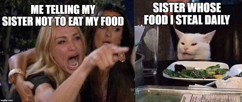 woman yelling at cat | SISTER WHOSE FOOD I STEAL DAILY; ME TELLING MY SISTER NOT TO EAT MY FOOD | image tagged in woman yelling at cat | made w/ Imgflip meme maker