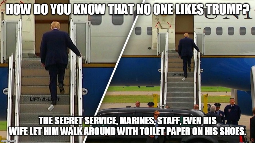 How do you know? | HOW DO YOU KNOW THAT NO ONE LIKES TRUMP? THE SECRET SERVICE, MARINES, STAFF, EVEN HIS WIFE LET HIM WALK AROUND WITH TOILET PAPER ON HIS SHOES. | image tagged in trump,no respect,no one likes you,toilet paper | made w/ Imgflip meme maker