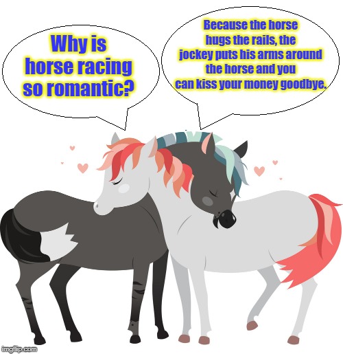 Romantic horse race | Because the horse hugs the rails, the jockey puts his arms around the horse and you can kiss your money goodbye. Why is horse racing so romantic? | image tagged in sport | made w/ Imgflip meme maker