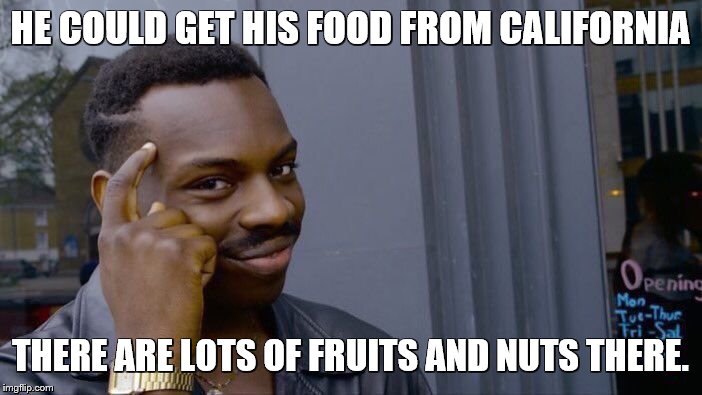 Roll Safe Think About It Meme | HE COULD GET HIS FOOD FROM CALIFORNIA THERE ARE LOTS OF FRUITS AND NUTS THERE. | image tagged in memes,roll safe think about it | made w/ Imgflip meme maker