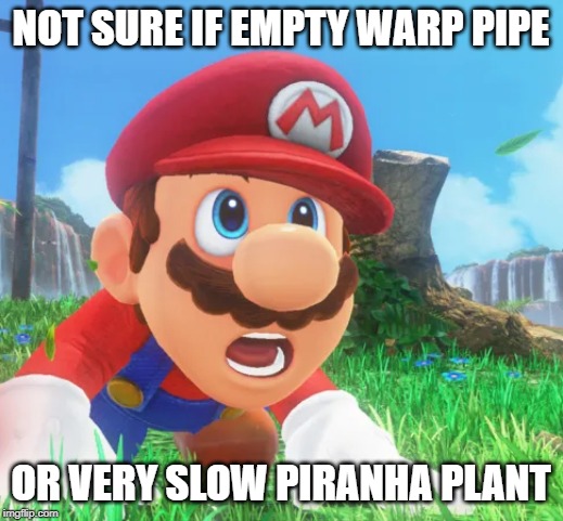 piranha plant | NOT SURE IF EMPTY WARP PIPE; OR VERY SLOW PIRANHA PLANT | image tagged in pc gaming | made w/ Imgflip meme maker