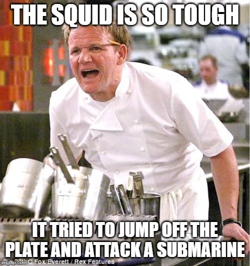 20,000 Leagues of Calimari | THE SQUID IS SO TOUGH; IT TRIED TO JUMP OFF THE PLATE AND ATTACK A SUBMARINE | image tagged in memes,chef gordon ramsay | made w/ Imgflip meme maker