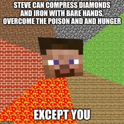 Minecraft Steve | STEVE CAN COMPRESS DIAMONDS AND IRON WITH BARE HANDS, OVERCOME THE POISON AND AND HUNGER; EXCEPT YOU | image tagged in minecraft steve | made w/ Imgflip meme maker