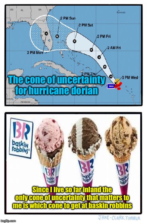 Two Buttons Meme | The cone of uncertainty for hurricane dorian; Since I live so far inland the only cone of uncertainty that matters to me is which cone to get at baskin robbins | image tagged in memes,ice cream | made w/ Imgflip meme maker