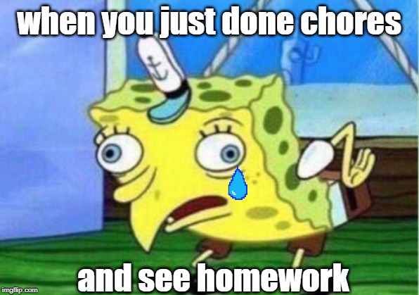 Mocking Spongebob Meme | when you just done chores; and see homework | image tagged in memes,mocking spongebob | made w/ Imgflip meme maker