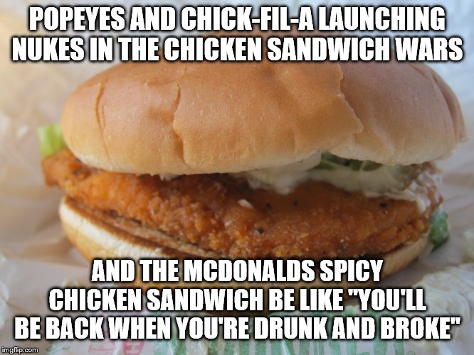 McDonald's Spicy McChicken | POPEYES AND CHICK-FIL-A LAUNCHING NUKES IN THE CHICKEN SANDWICH WARS; AND THE MCDONALDS SPICY CHICKEN SANDWICH BE LIKE "YOU'LL BE BACK WHEN YOU'RE DRUNK AND BROKE" | image tagged in mcdonalds | made w/ Imgflip meme maker
