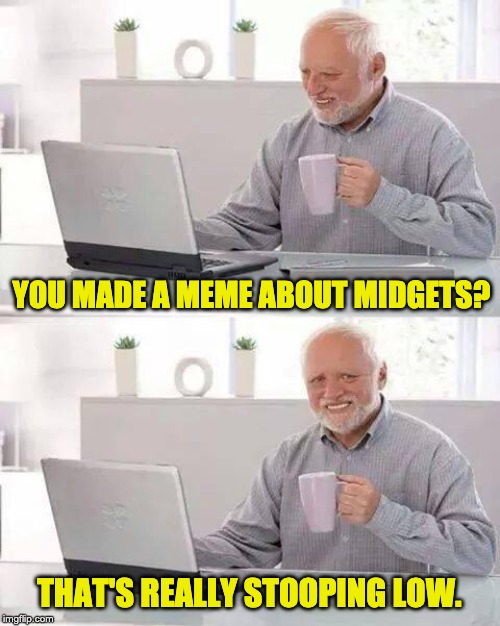 Hide the Pain Harold Meme | YOU MADE A MEME ABOUT MIDGETS? THAT'S REALLY STOOPING LOW. | image tagged in memes,hide the pain harold | made w/ Imgflip meme maker