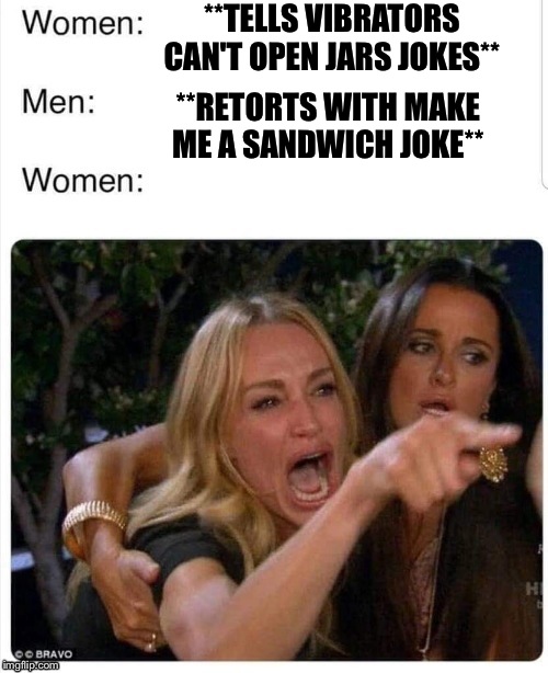 Battle Of The Sexes | **TELLS VIBRATORS CAN'T OPEN JARS JOKES**; **RETORTS WITH MAKE ME A SANDWICH JOKE** | image tagged in battle of the sexes | made w/ Imgflip meme maker