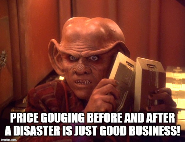 quark | PRICE GOUGING BEFORE AND AFTER A DISASTER IS JUST GOOD BUSINESS! | image tagged in quark | made w/ Imgflip meme maker