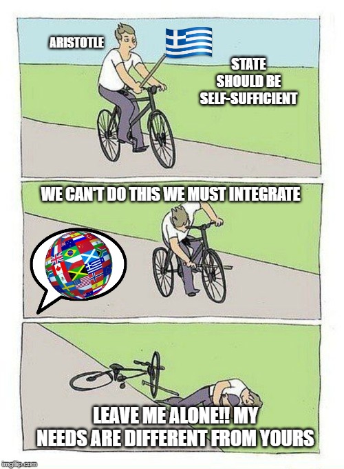 Falling Bike meme | ARISTOTLE; STATE SHOULD BE SELF-SUFFICIENT; WE CAN'T DO THIS WE MUST INTEGRATE; LEAVE ME ALONE!! MY NEEDS ARE DIFFERENT FROM YOURS | image tagged in falling bike meme | made w/ Imgflip meme maker