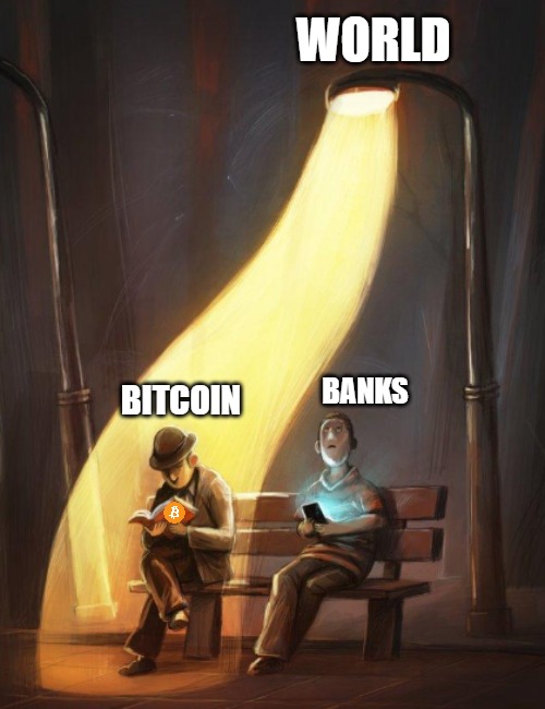 Bending Bitcoin Streetlight | WORLD; BITCOIN; BANKS | image tagged in bitcoin,banks,bending streetlight,btc | made w/ Imgflip meme maker