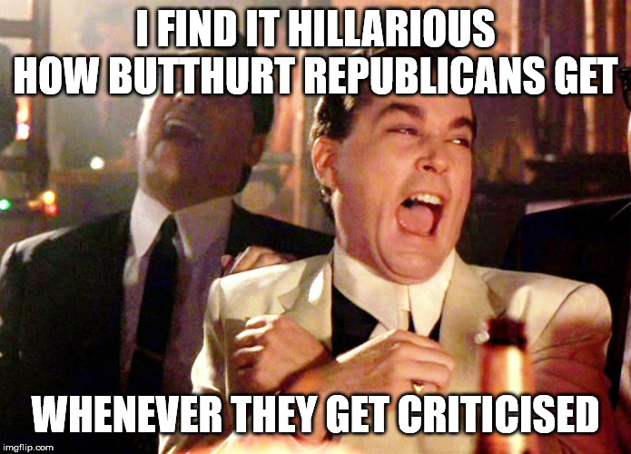 Good Fellas Hilarious Meme | I FIND IT HILLARIOUS HOW BUTTHURT REPUBLICANS GET WHENEVER THEY GET CRITICISED | image tagged in memes,good fellas hilarious | made w/ Imgflip meme maker