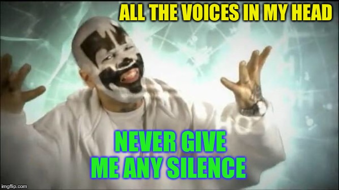 Insane Clown Posse | ALL THE VOICES IN MY HEAD NEVER GIVE ME ANY SILENCE | image tagged in insane clown posse | made w/ Imgflip meme maker