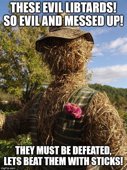 Straw Man | THESE EVIL LIBTARDS! SO EVIL AND MESSED UP! THEY MUST BE DEFEATED, LETS BEAT THEM WITH STICKS! | image tagged in straw man | made w/ Imgflip meme maker