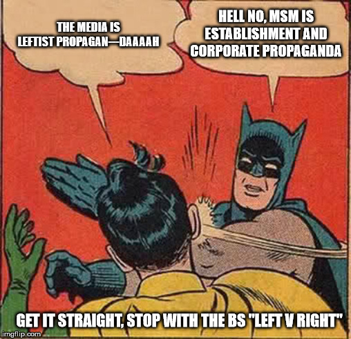 Batman Slapping Robin Meme | HELL NO, MSM IS ESTABLISHMENT AND CORPORATE PROPAGANDA; THE MEDIA IS LEFTIST PROPAGAN---DAAAAH; GET IT STRAIGHT, STOP WITH THE BS "LEFT V RIGHT" | image tagged in memes,batman slapping robin | made w/ Imgflip meme maker