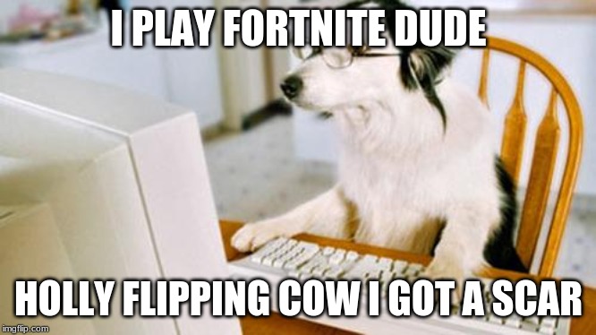 Dog computer | I PLAY FORTNITE DUDE; HOLLY FLIPPING COW I GOT A SCAR | image tagged in dog computer | made w/ Imgflip meme maker