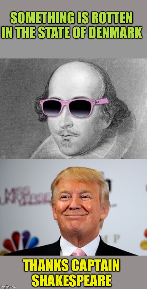 SOMETHING IS ROTTEN IN THE STATE OF DENMARK THANKS CAPTAIN SHAKESPEARE | image tagged in shakespeare,donald trump approves | made w/ Imgflip meme maker