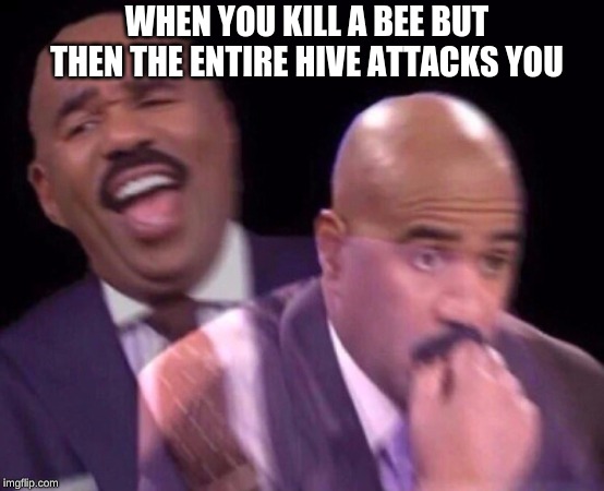 Steve Harvey Laughing Serious | WHEN YOU KILL A BEE BUT THEN THE ENTIRE HIVE ATTACKS YOU | image tagged in steve harvey laughing serious | made w/ Imgflip meme maker