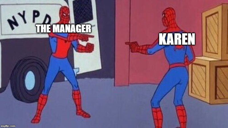 spiderman pointing at spiderman | THE MANAGER KAREN | image tagged in spiderman pointing at spiderman | made w/ Imgflip meme maker
