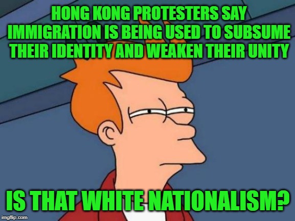 Futurama Fry | HONG KONG PROTESTERS SAY IMMIGRATION IS BEING USED TO SUBSUME THEIR IDENTITY AND WEAKEN THEIR UNITY; IS THAT WHITE NATIONALISM? | image tagged in memes,futurama fry | made w/ Imgflip meme maker