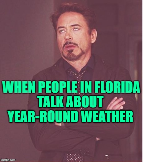 Florida Weather Face | WHEN PEOPLE IN FLORIDA; TALK ABOUT YEAR-ROUND WEATHER | image tagged in face you make robert downey jr,weather,florida,clueless,funny memes,winter | made w/ Imgflip meme maker