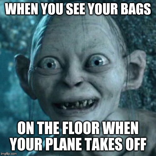 Gollum Meme | WHEN YOU SEE YOUR BAGS; ON THE FLOOR WHEN YOUR PLANE TAKES OFF | image tagged in memes,gollum | made w/ Imgflip meme maker