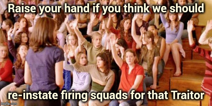 Raise your hand if you have ever been personally victimized by R | Raise your hand if you think we should re-instate firing squads for that Traitor | image tagged in raise your hand if you have ever been personally victimized by r | made w/ Imgflip meme maker