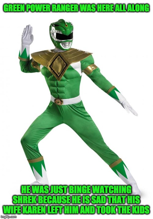 Green Power Ranger | GREEN POWER RANGER WAS HERE ALL ALONG HE WAS JUST BINGE WATCHING SHREK BECAUSE HE IS SAD THAT HIS WIFE KAREN LEFT HIM AND TOOK THE KIDS | image tagged in green power ranger | made w/ Imgflip meme maker
