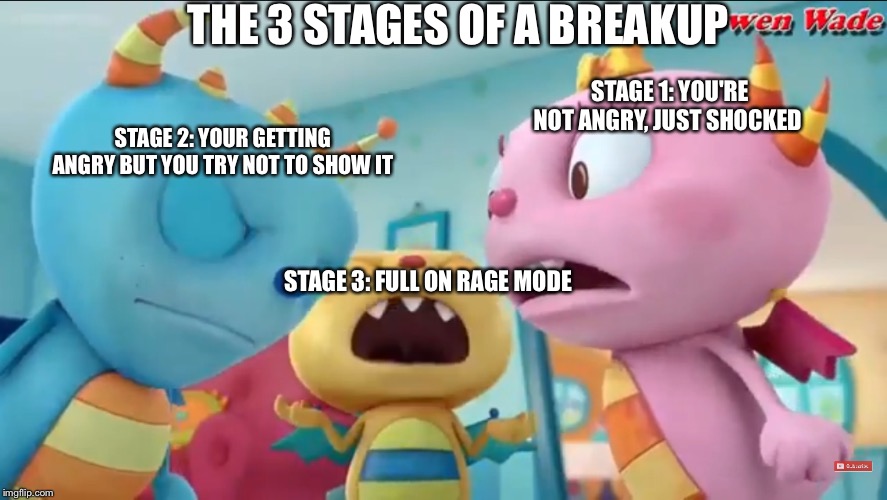 Yell | THE 3 STAGES OF A BREAKUP; STAGE 1: YOU'RE NOT ANGRY, JUST SHOCKED; STAGE 2: YOUR GETTING ANGRY BUT YOU TRY NOT TO SHOW IT; STAGE 3: FULL ON RAGE MODE | image tagged in yell | made w/ Imgflip meme maker