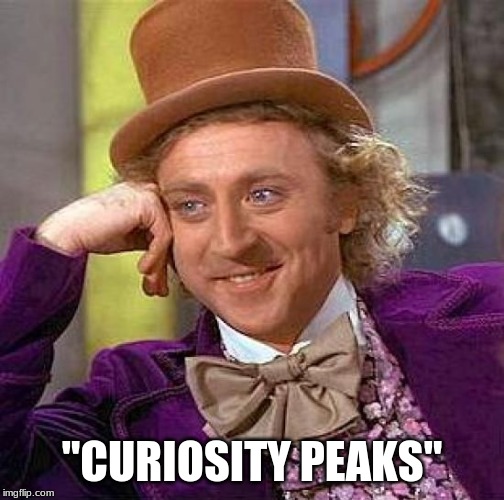 Creepy Condescending Wonka Meme | "CURIOSITY PEAKS" | image tagged in memes,creepy condescending wonka | made w/ Imgflip meme maker