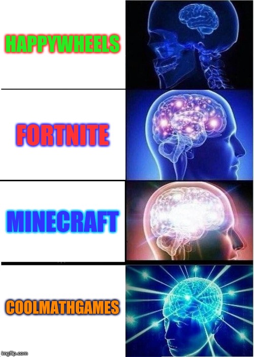 Expanding Brain | HAPPYWHEELS; FORTNITE; MINECRAFT; COOLMATHGAMES | image tagged in memes,expanding brain | made w/ Imgflip meme maker