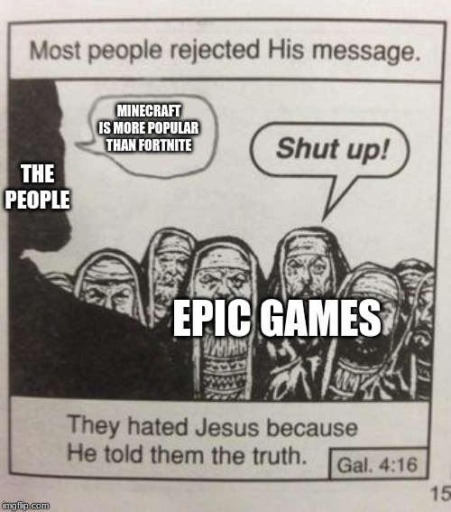 They hated Jesus meme | MINECRAFT IS MORE POPULAR THAN FORTNITE; THE PEOPLE; EPIC GAMES | image tagged in they hated jesus meme | made w/ Imgflip meme maker