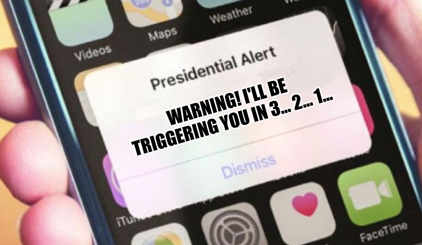 Presidential Alert | WARNING! I'LL BE TRIGGERING YOU IN 3... 2... 1... | image tagged in memes,presidential alert | made w/ Imgflip meme maker