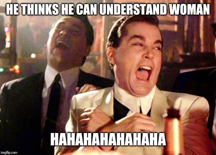 Good Fellas Hilarious | HE THINKS HE CAN UNDERSTAND WOMAN; HAHAHAHAHAHAHA | image tagged in memes,good fellas hilarious | made w/ Imgflip meme maker